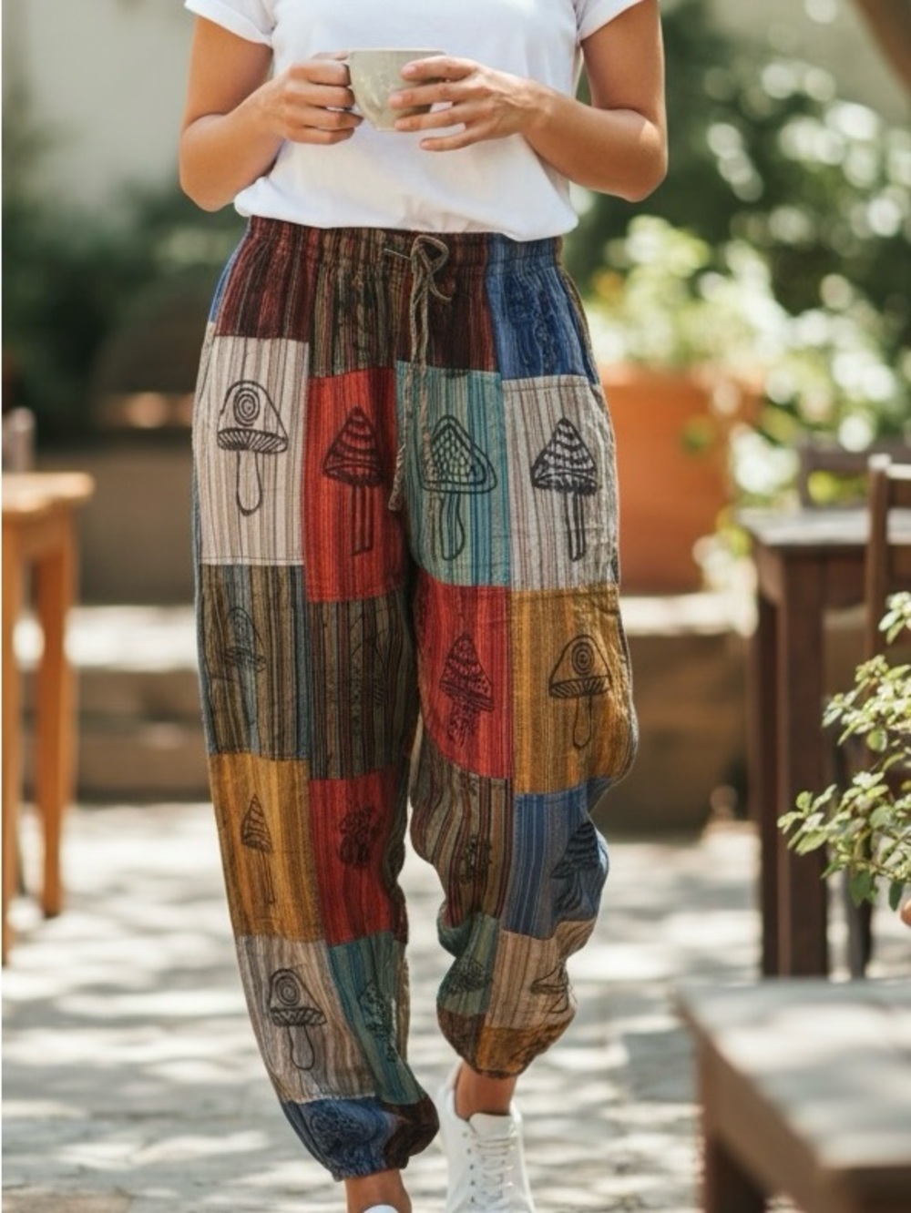 Kathmandu Boho Patchwork Mushroom Print Joggers - Multicolor